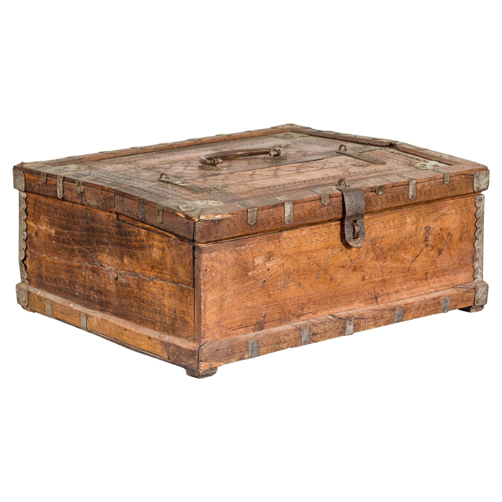 Antique Wooden Box with Diamond Motifs and Wave Patterns