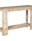 Mughal Style Whitewash Console Table with Carved Apron and Lower Shelf