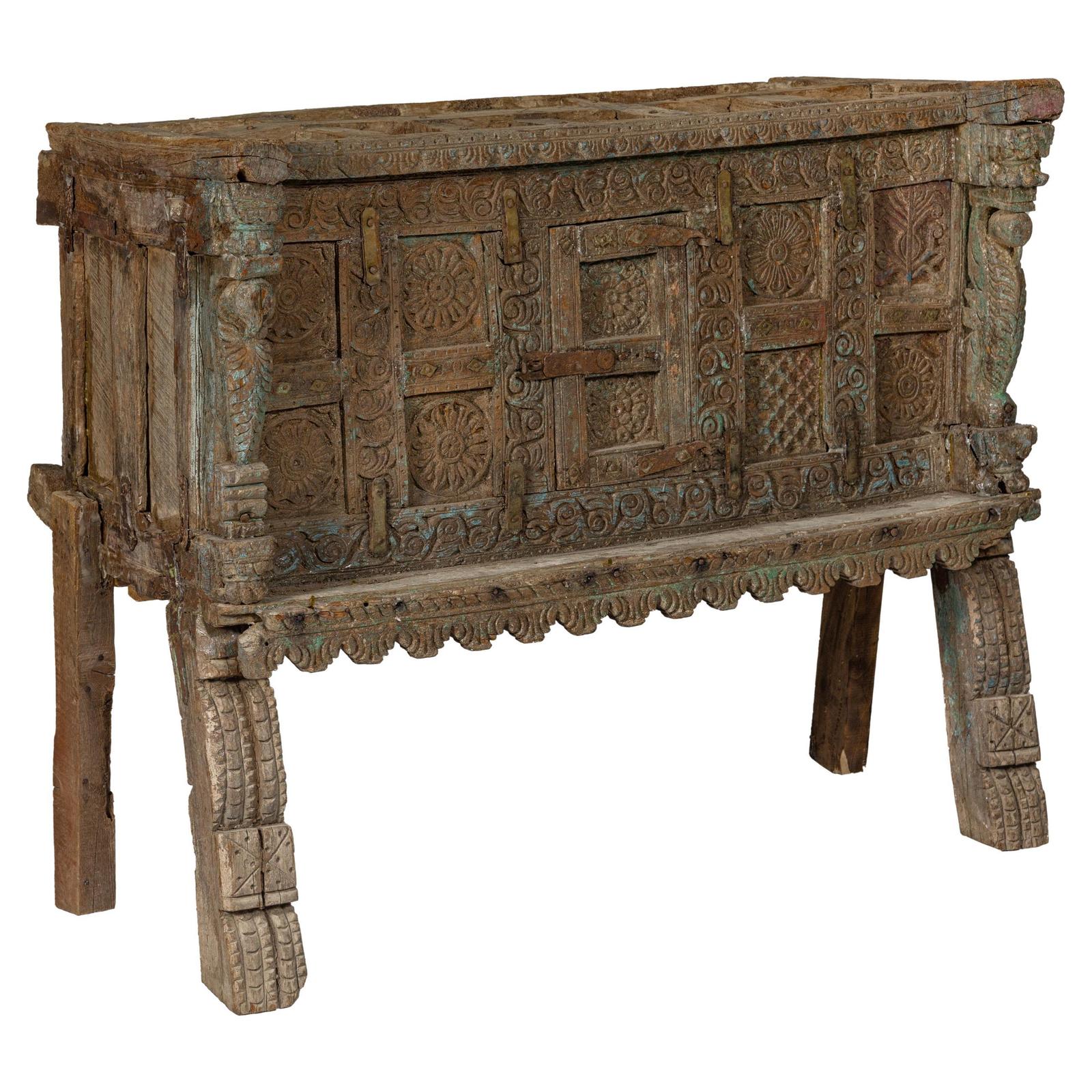 Antique Damachiya Wedding Cabinet on Legs with Carved Décor