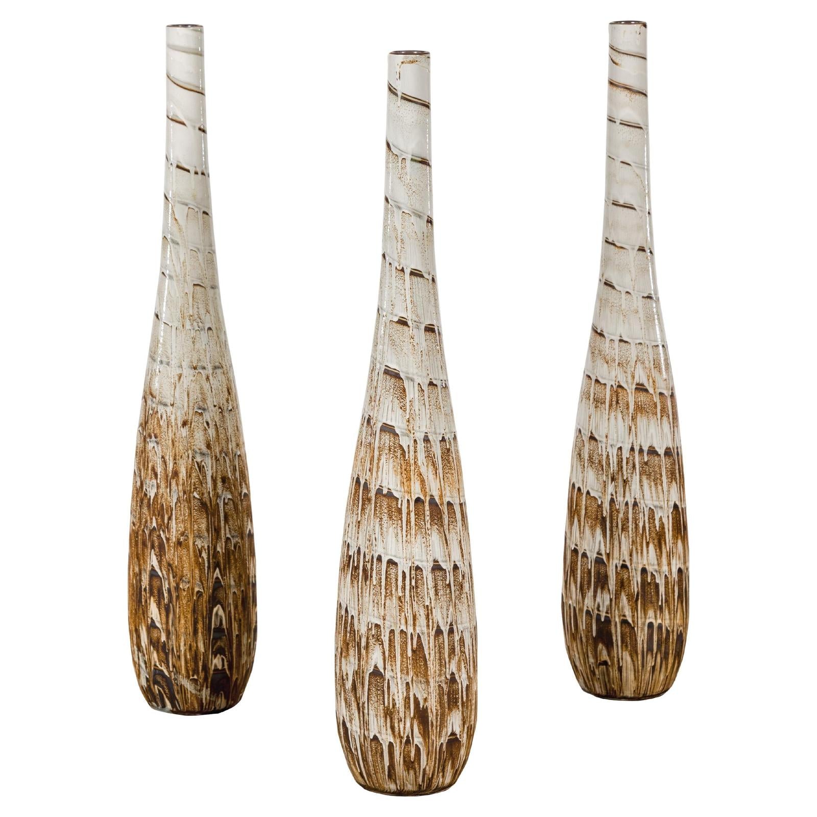 Three Slender Vases with Brown & White Drip, Sold Each
