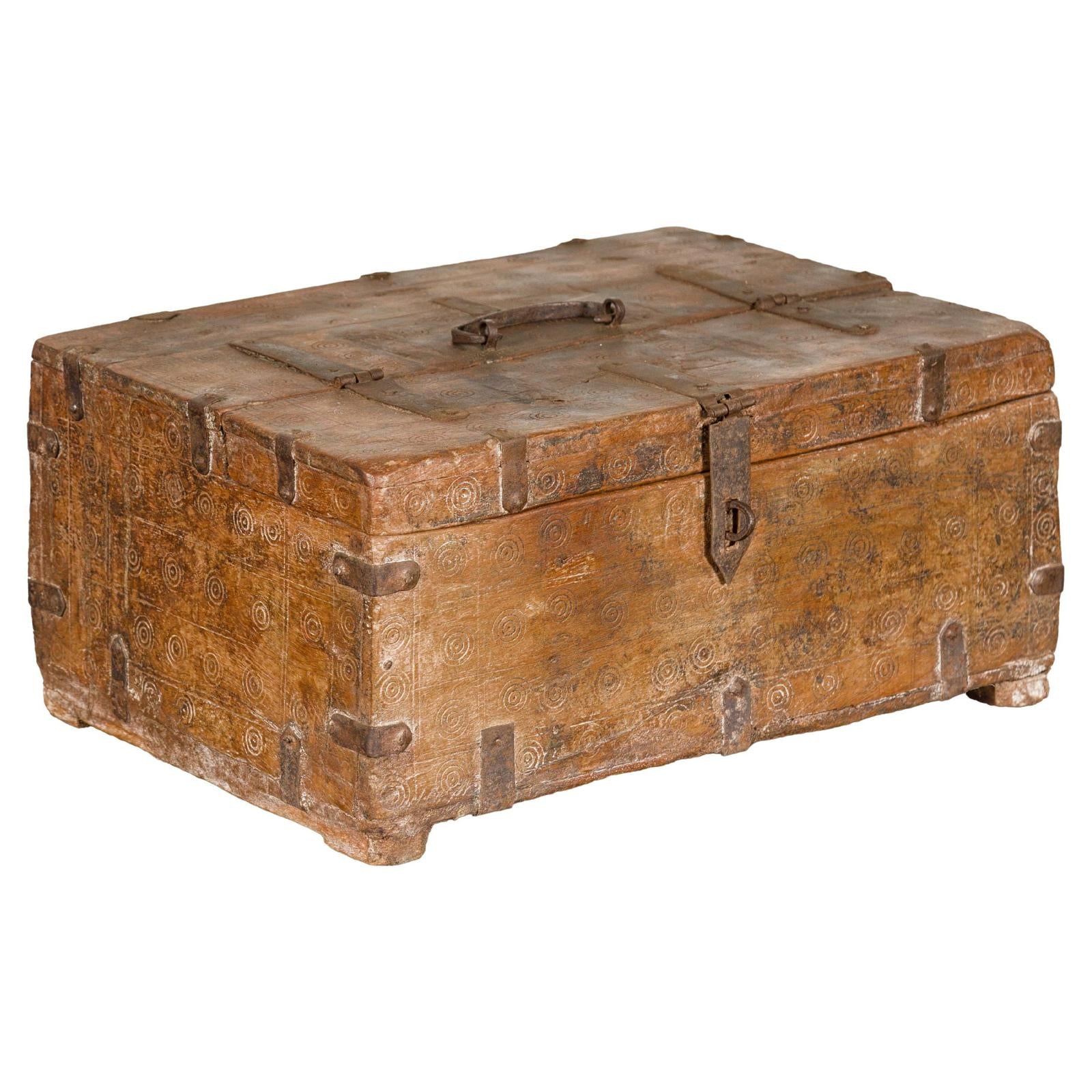 Antique Document Box with Incised Concentric Motifs and Partial Opening Top