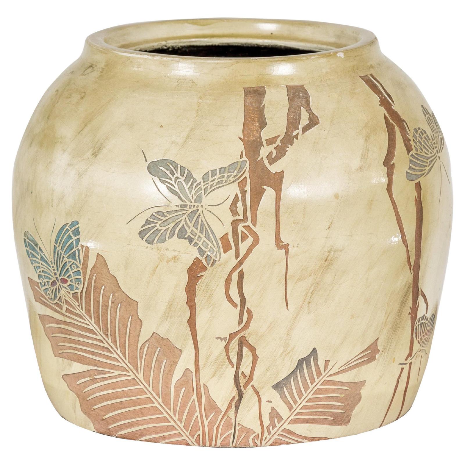 Antique Mustard Glazed Ceramic Planter with Butterfly Decor