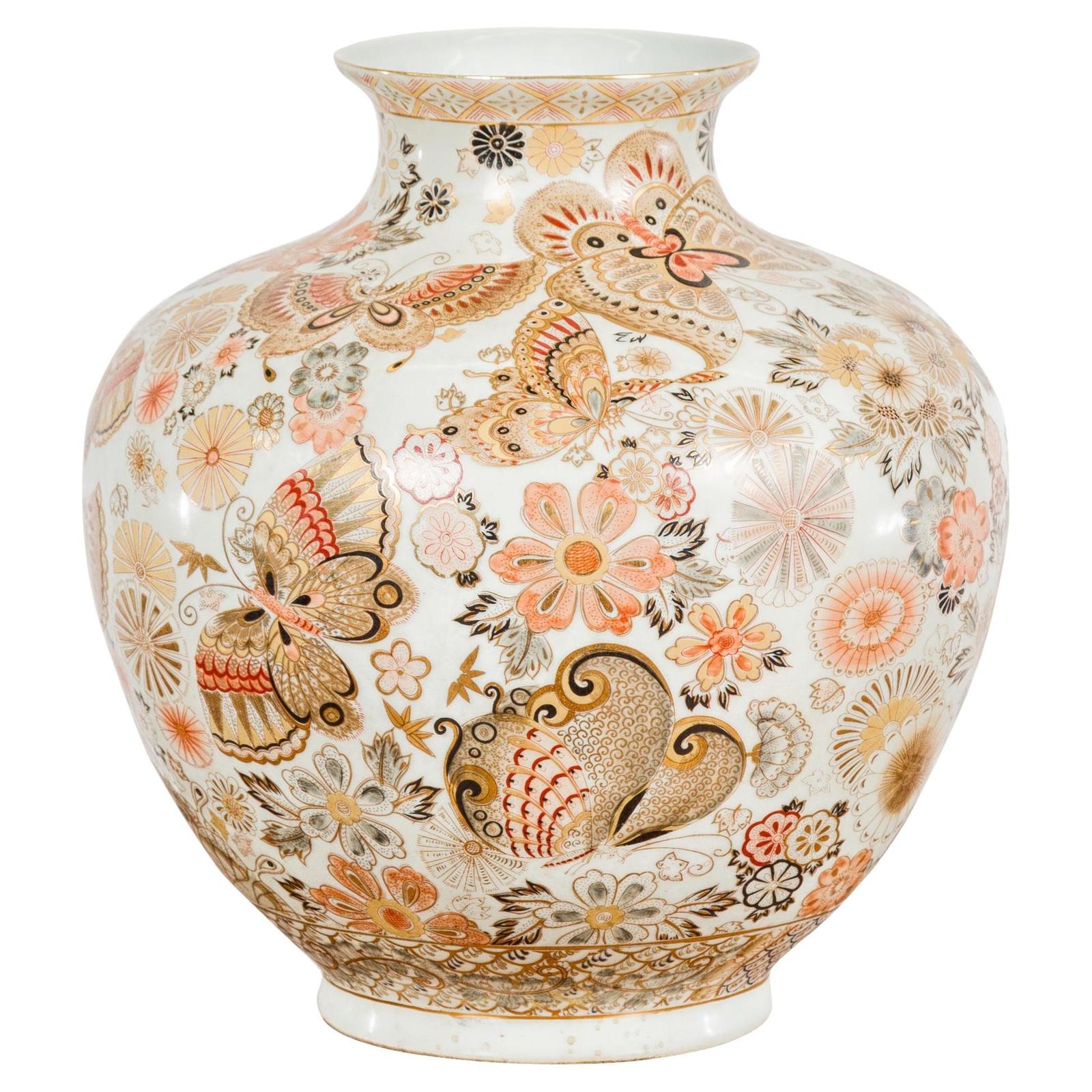 Kutani Style Vintage Vase with Flowers and Butterflies