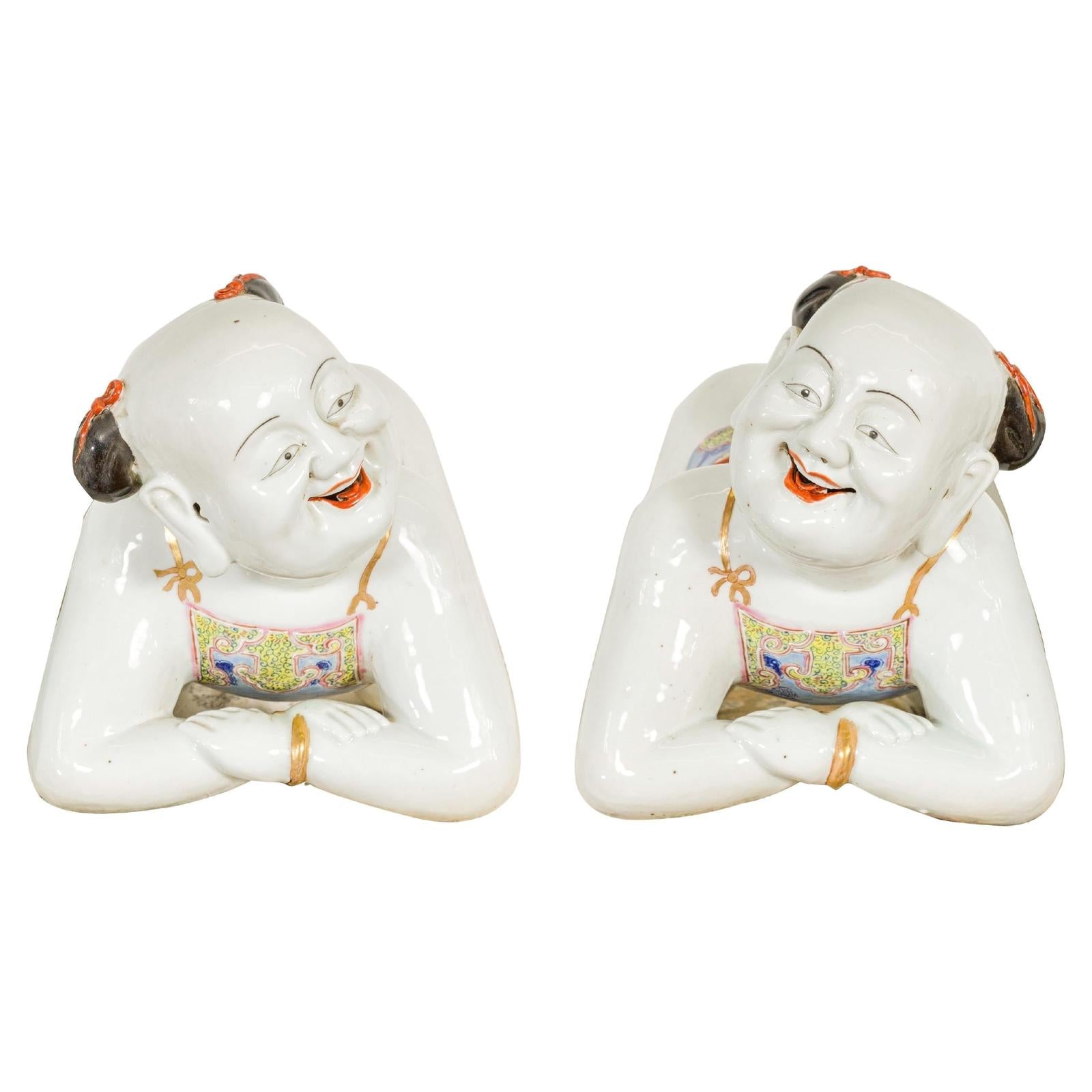Pair of Qing Dynasty Period Porcelain Tong'zi Figures