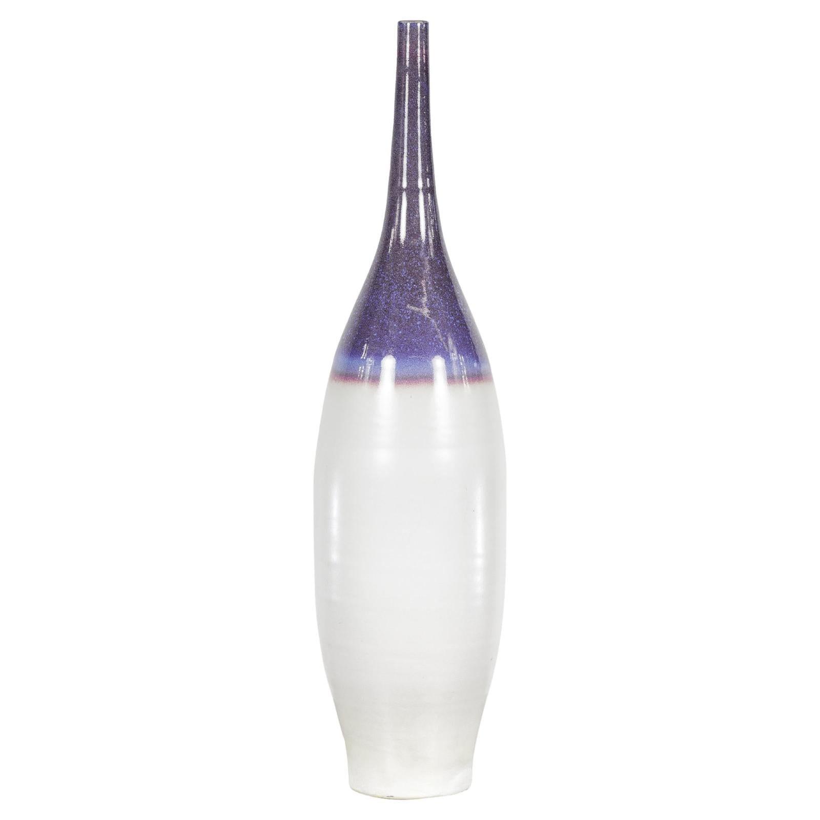 White & Purple Ceramic Vase with Skinny Neck
