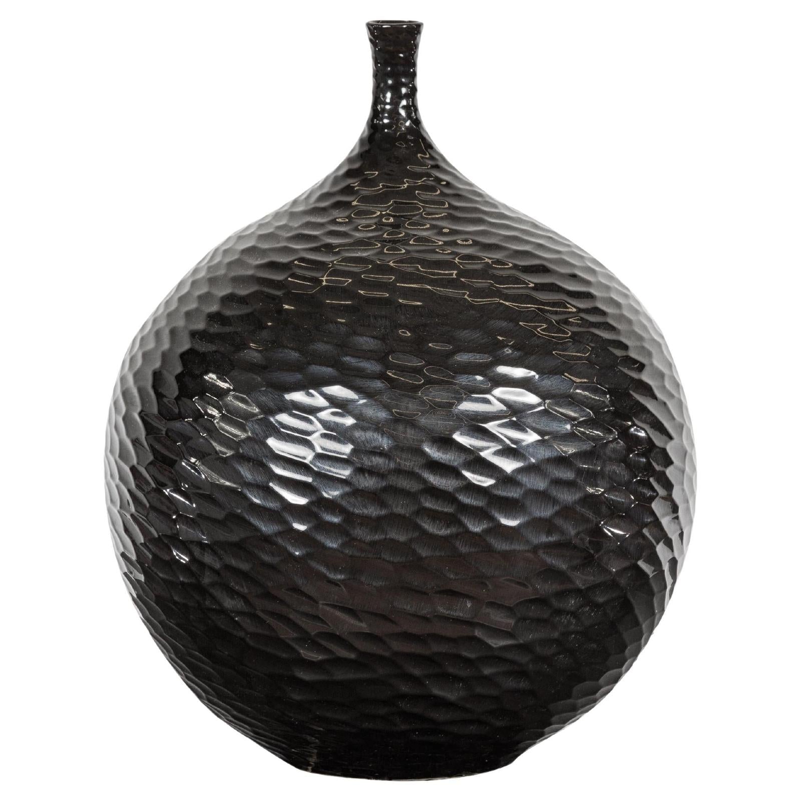 Bulb Shaped Black Vase with Honeycomb Pattern