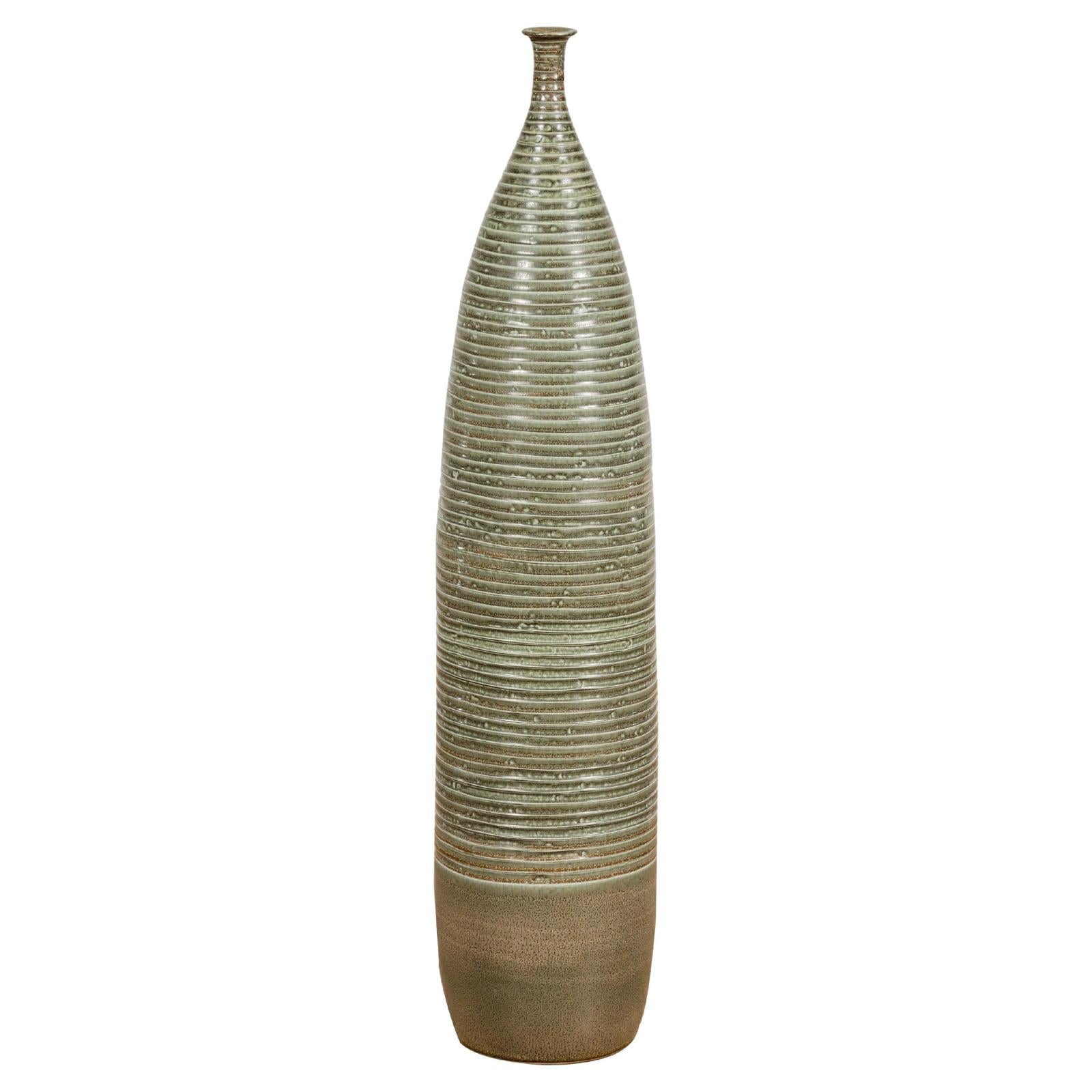 Tall & Slender Green Glazed Ceramic Vase