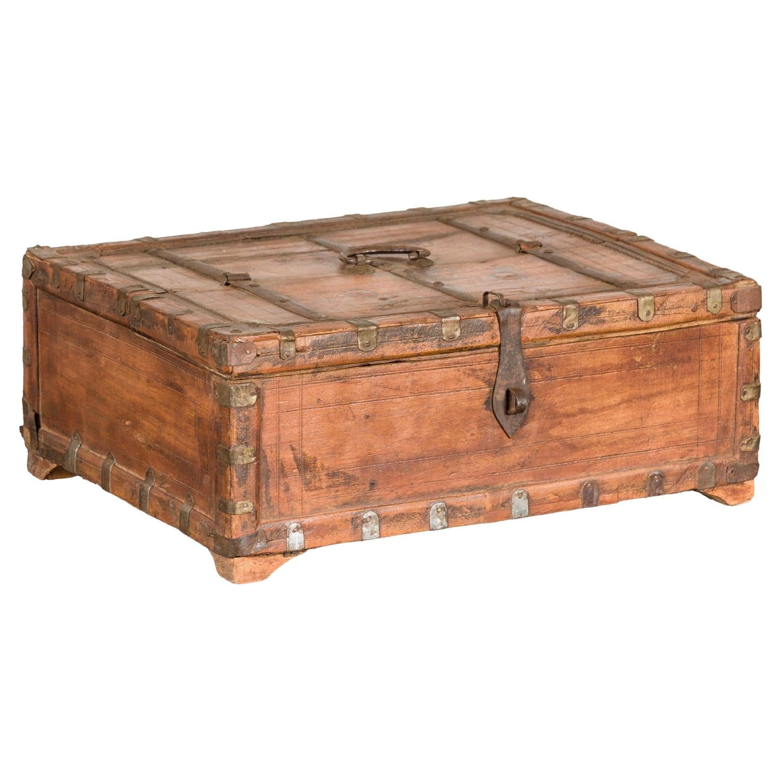 Rustic Document Box with Brass Details & Partial Opening