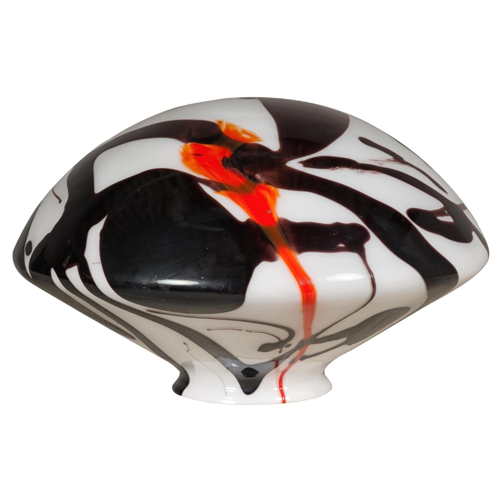 Blown Glass Dome with White, Black & Orange Abstract Décor