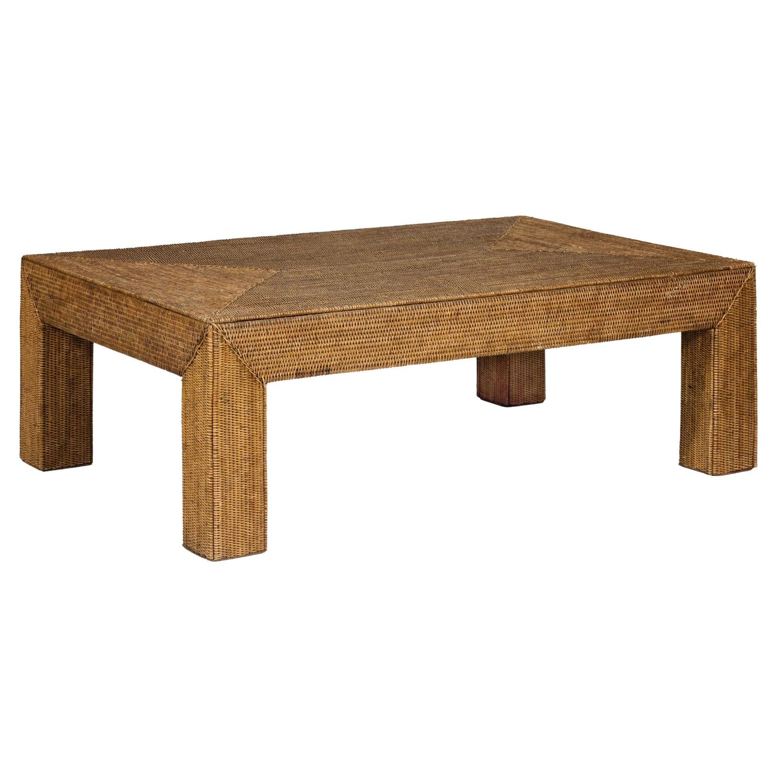 Country Style Woven Rattan on Wooden Core Light Brown Parsons Leg Coffee Table