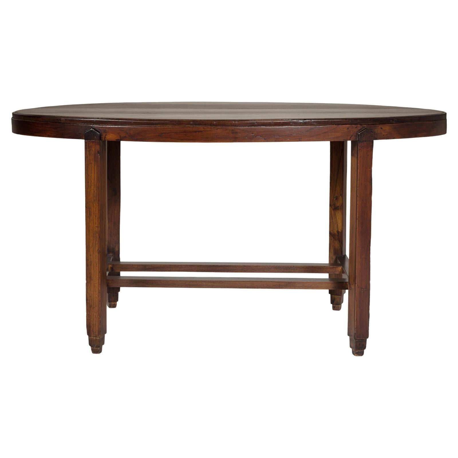 Oval Top Center Table with Inverted Stepped Pyramid Feet and Cross Stretcher
