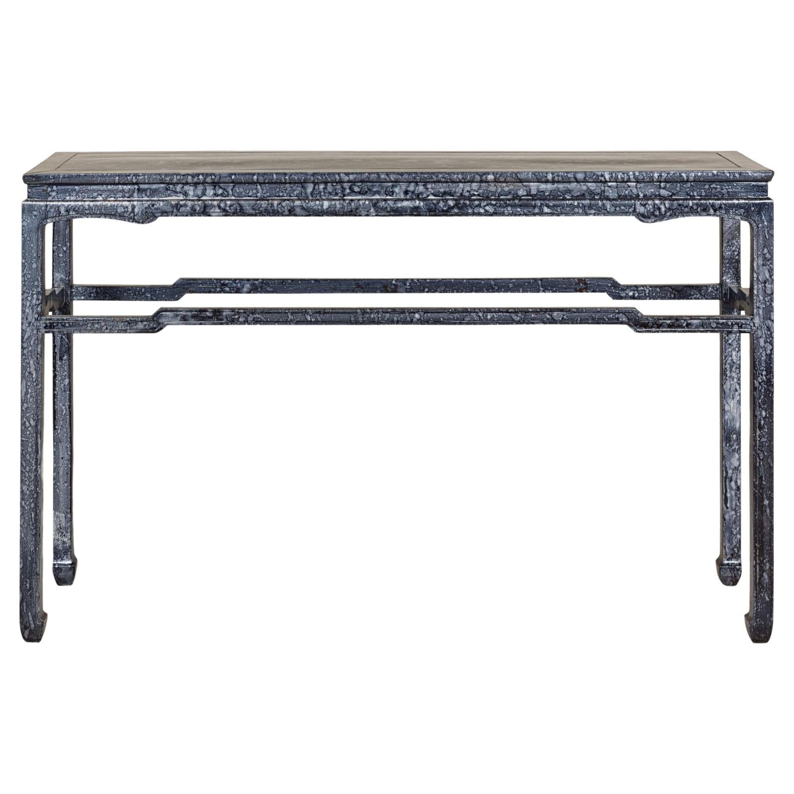 Marbleized Console Table with Silver and Black Finish and Humpback Stretcher