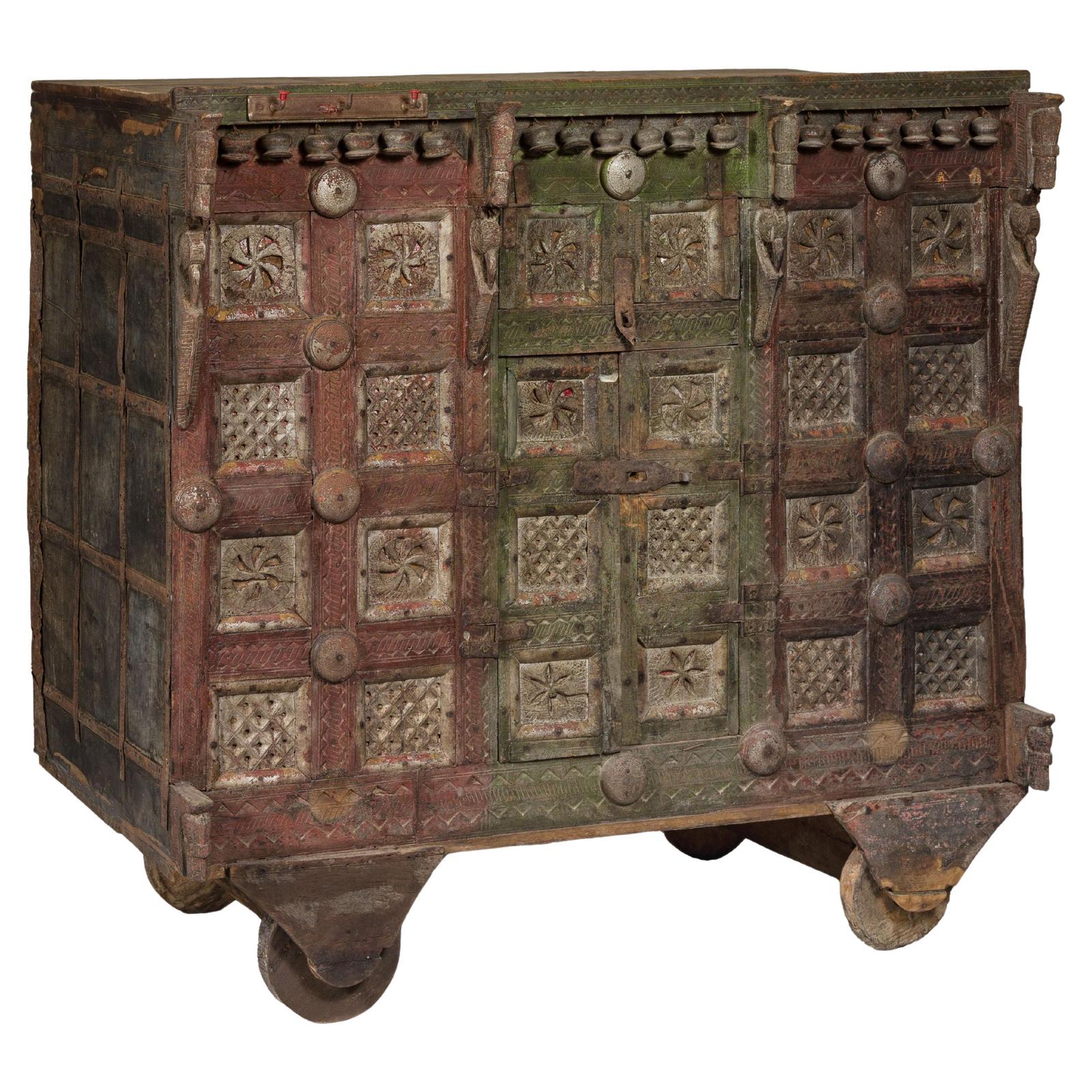 Indian Antique Carved Wooden Damachiya Dowry Cabinet on Wheels with Polychromy
