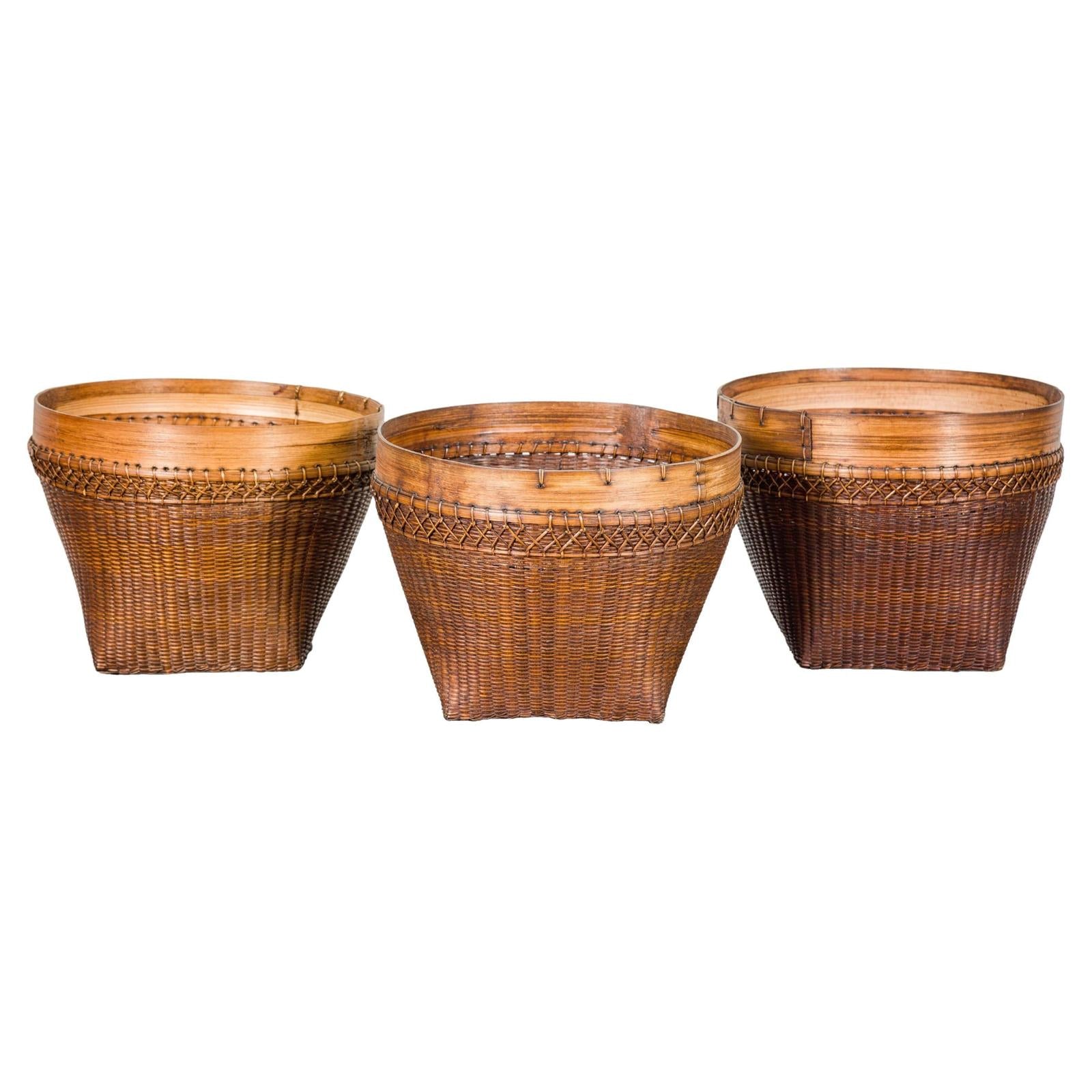 Vintage Hand Woven Rattan & Bamboo Basket, Sold Each
