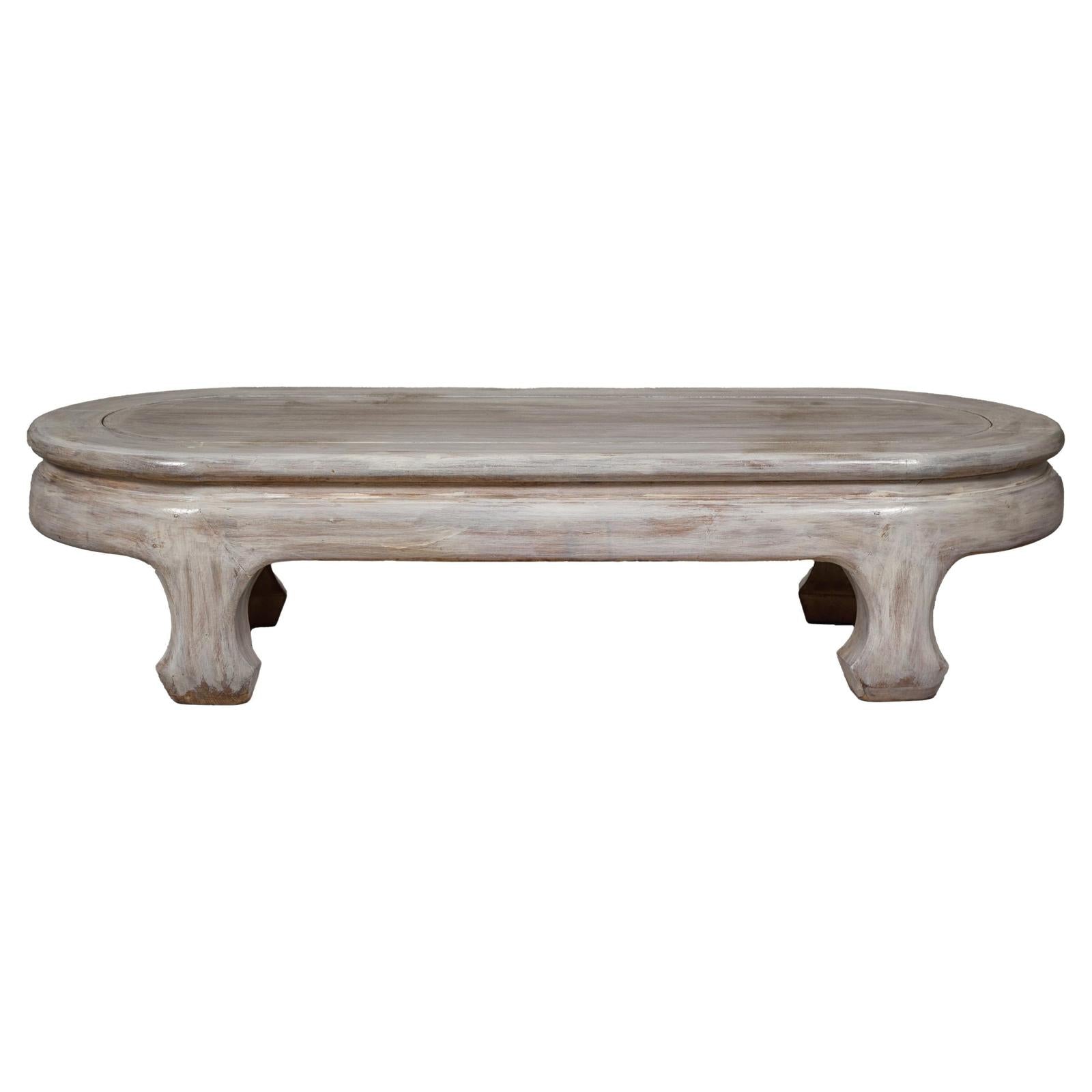 Teak Wood Vintage Whitewash Low Coffee table with Oval Top and Carved Legs