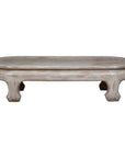 Teak Wood Vintage Whitewash Low Coffee table with Oval Top and Carved Legs
