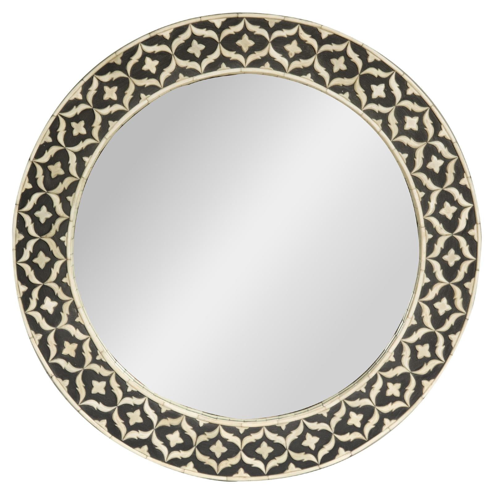 Bone Inlay Black and White Round Mirror with Floral Motifs