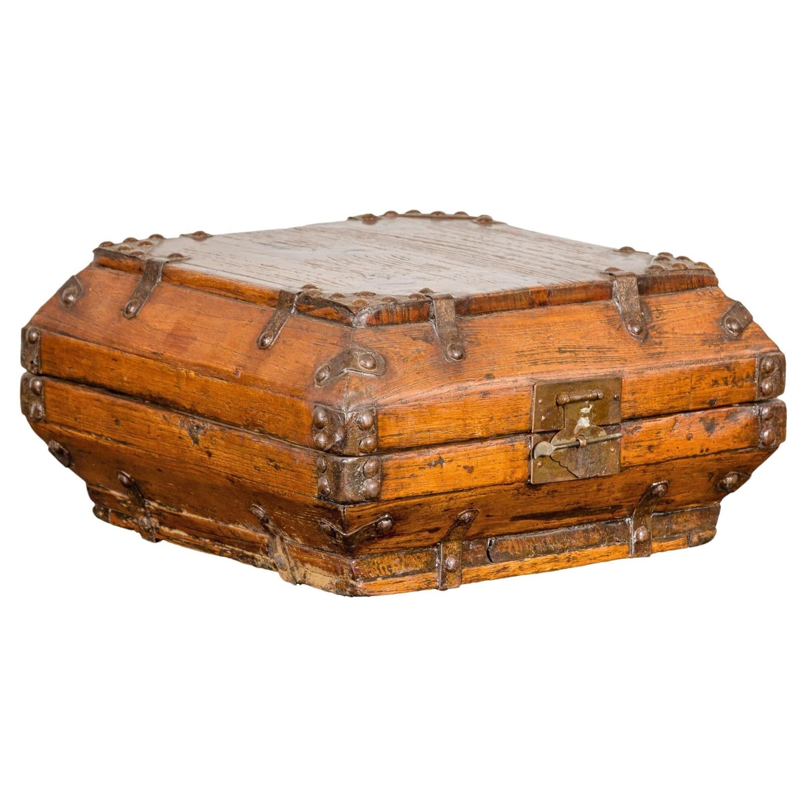 Wooden Square Box with Brass Lock and Distressed Lacquer Interior