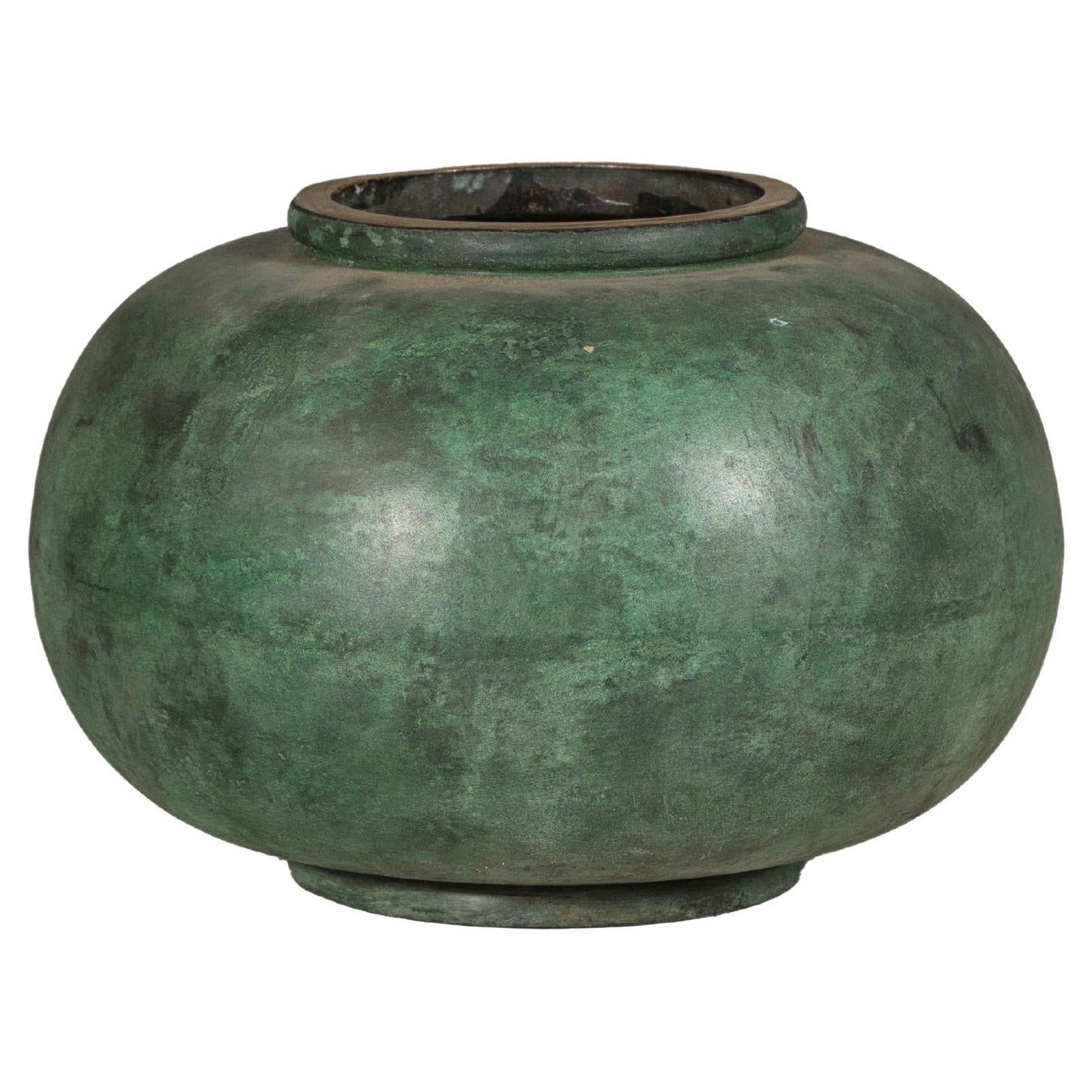 Vintage Bronze Bowl with Generous Rounded Silhouette and Verdigris Patina