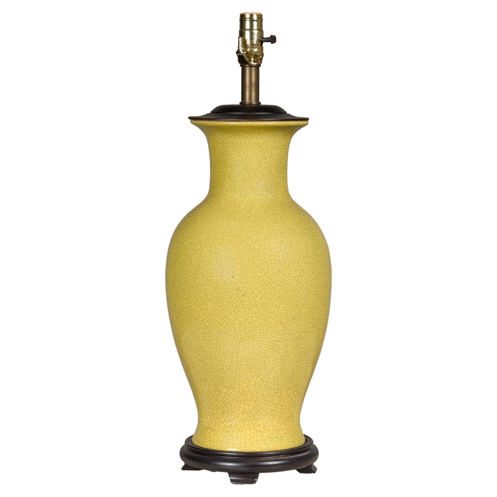Yellow Crackle Glazed Ceramic Vase with Round Belly on Wooden Base