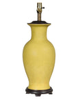 Yellow Crackle Glazed Ceramic Vase with Round Belly on Wooden Base