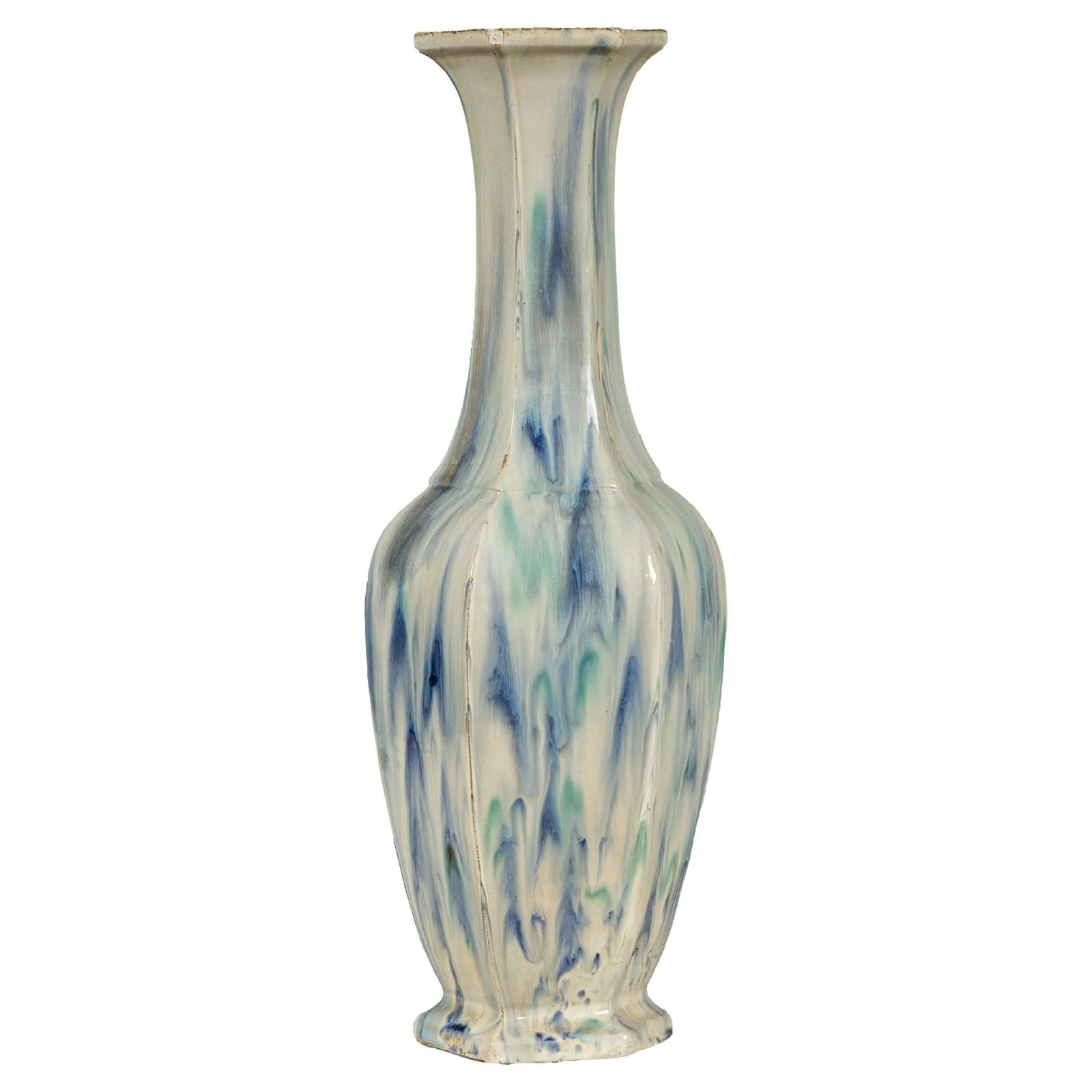Multi-Color Vase with Blue and Green Drip Accent on Cream Ground