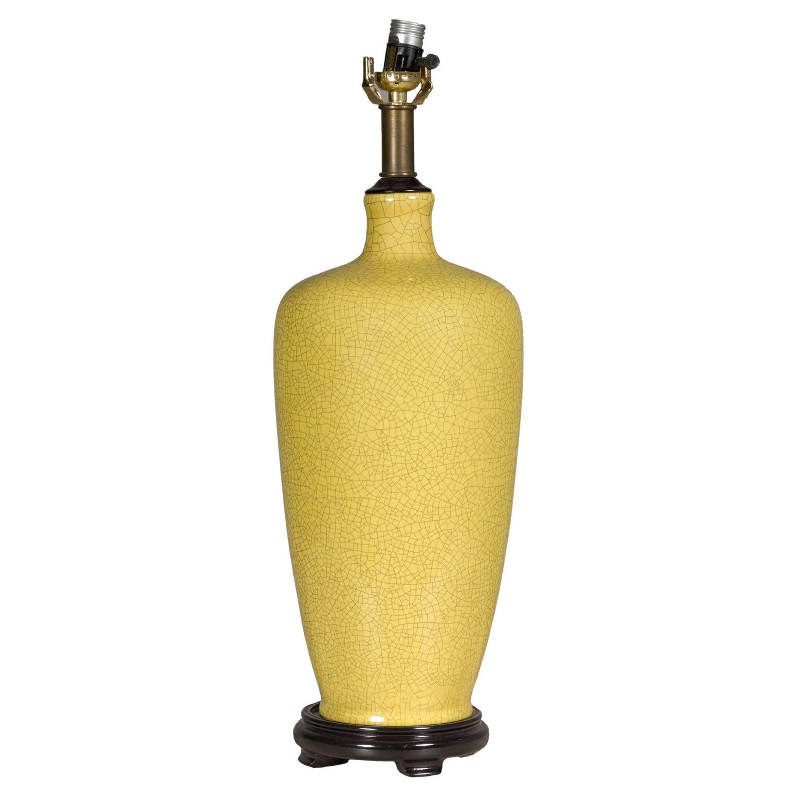 Yellow Crackle Glazed Ceramic Vase with on Wooden Base