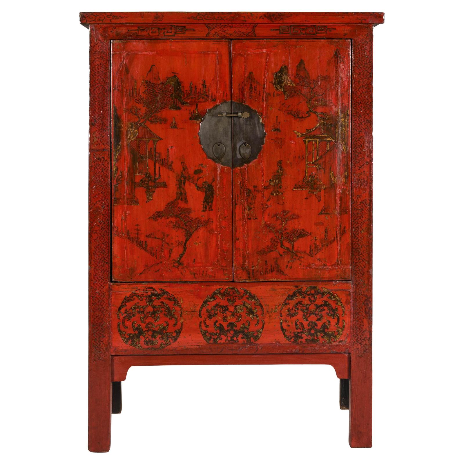 19th Century Qing Dynasty Red Lacquer Cabinet with Original Hand-Painted Scenes