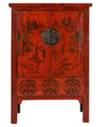19th Century Qing Dynasty Red Lacquer Cabinet with Original Hand-Painted Scenes