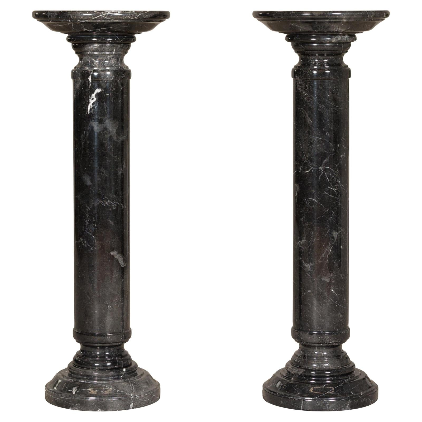 Vintage Black Marble Column Pedestal with White Veining, Sold Individually