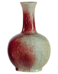 Vintage Red and Green Ceramic Vase with Crackled Glaze and Narrow Neck