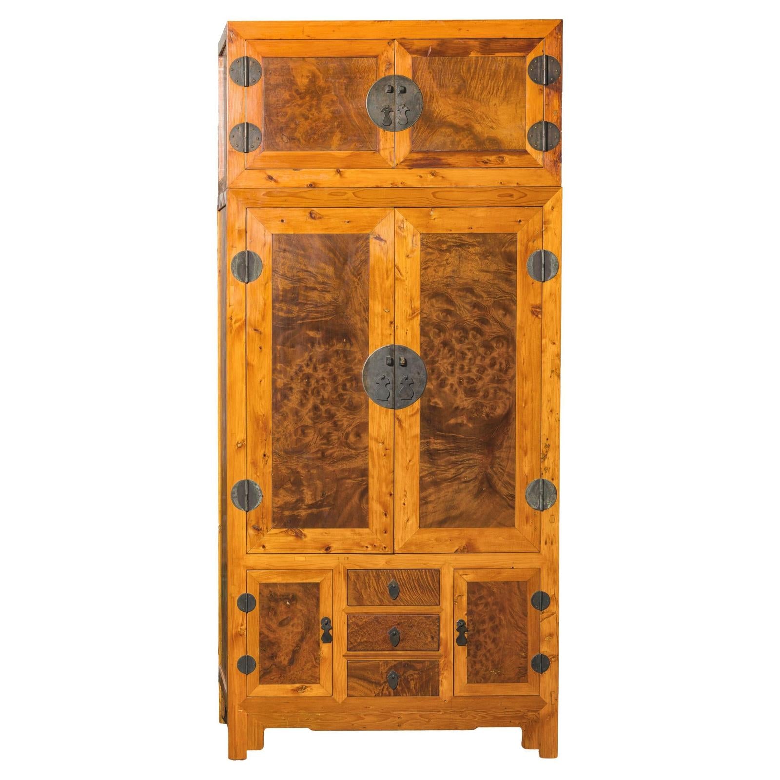 Late Qing Dynasty Two-Tone Burl Wood and Elmwood Compound Cabinet