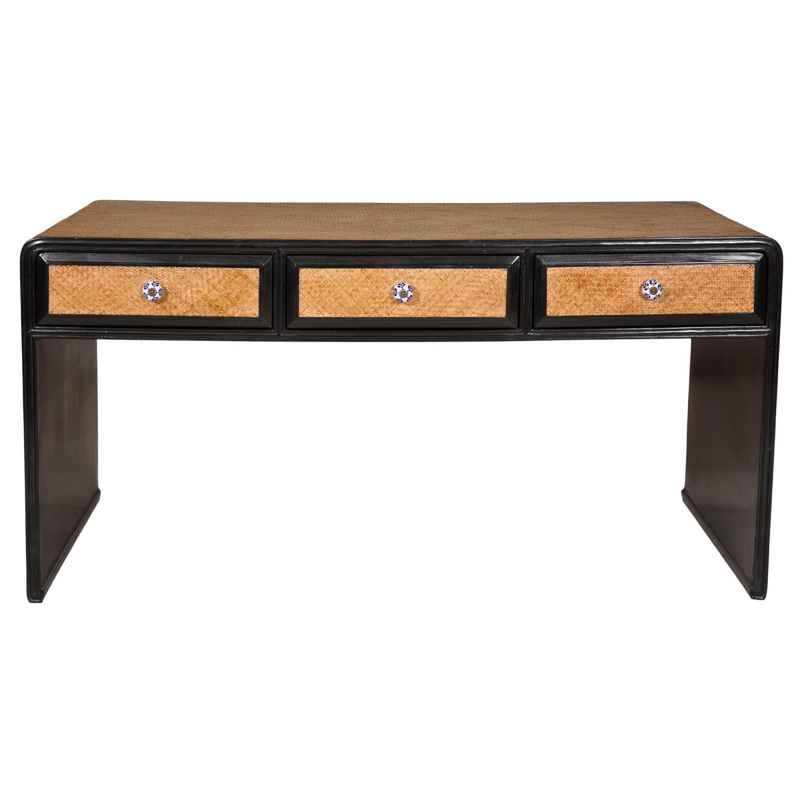 Rattan over Wood Waterfall Desk with Black Lacquer Finish and Three Drawers