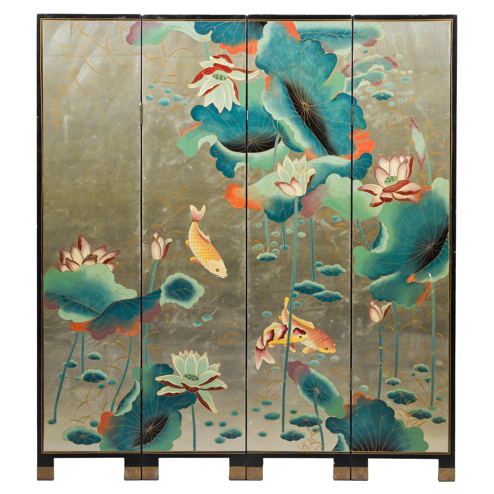 Four-Panel Screen with Koi and Lotus Design, Brass Feet, Elegant Room Divider