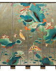 Four-Panel Screen with Koi and Lotus Design, Brass Feet, Elegant Room Divider