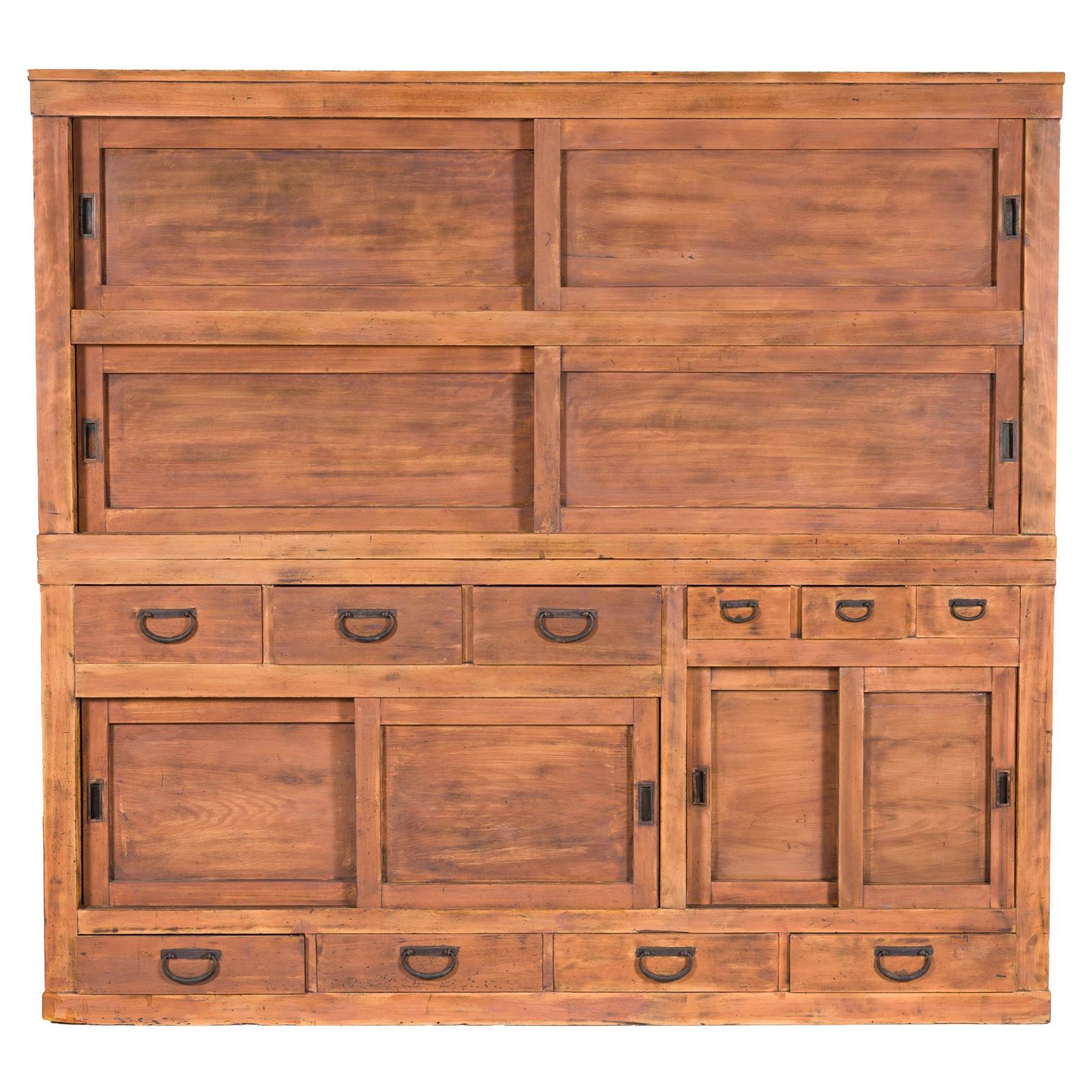 Antique Japanese Taishō Two-Part Tansu Chest with Drawers and Sliding Doors