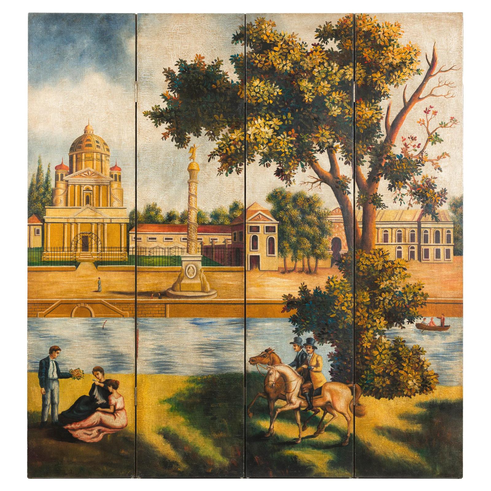 Hand-Painted Folding Screen with Romantic European Countryside and Architecture