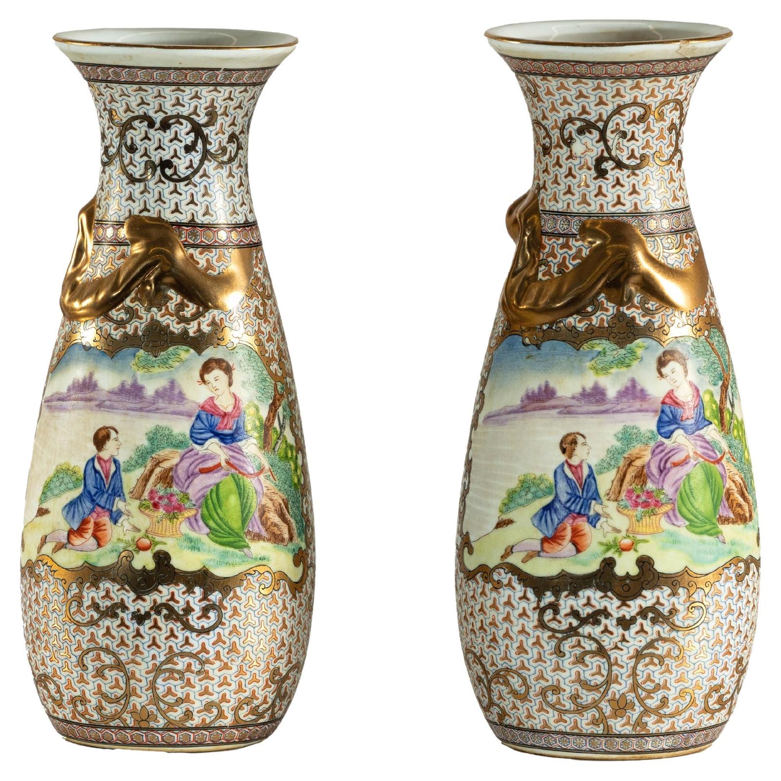 Pair of Vintage Small Porcelain Vases with Hand-Painted Pastoral Scenes