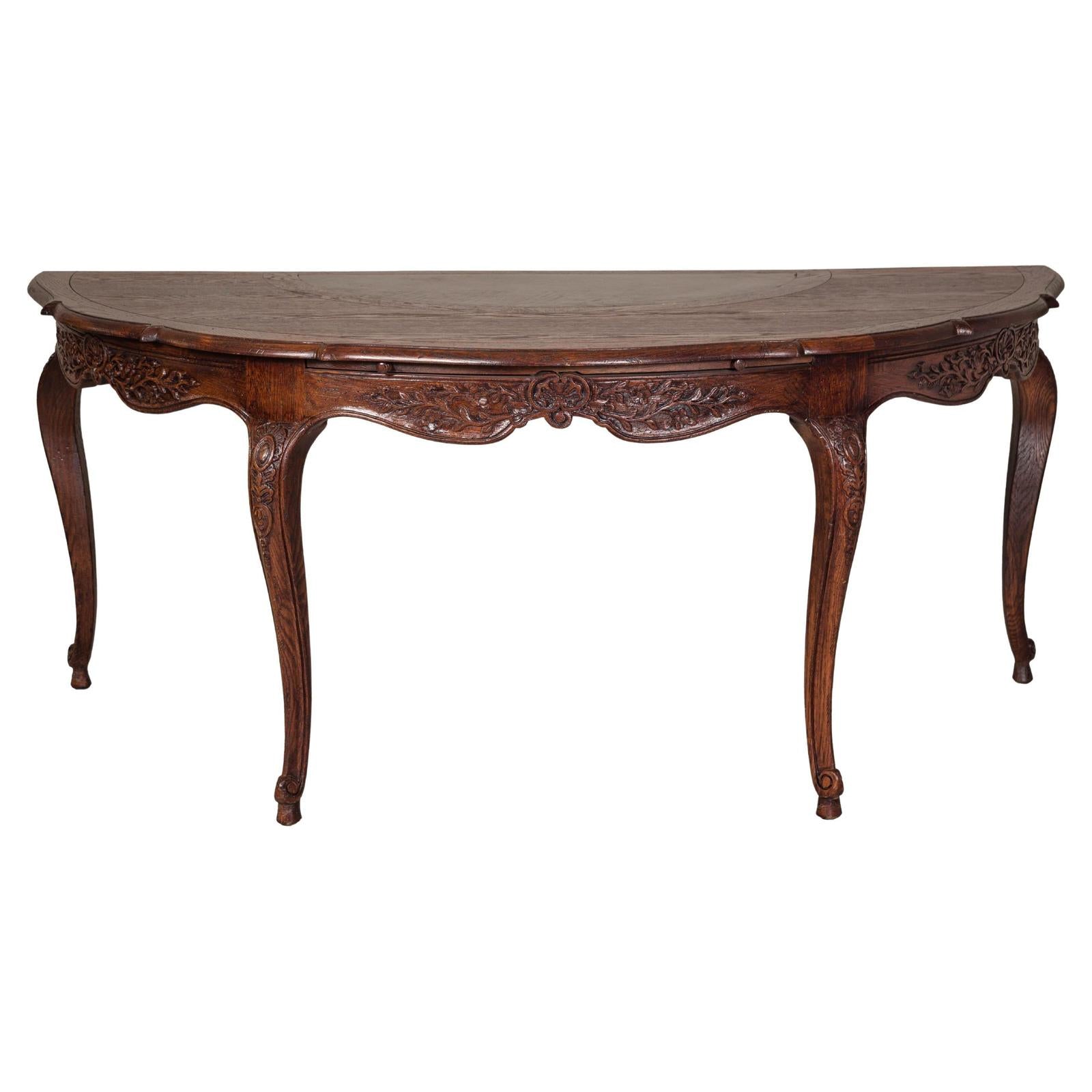 Louis XV-Style Demi-Lune Desk with Carved Legs, Leather Top and Hidden Drawers
