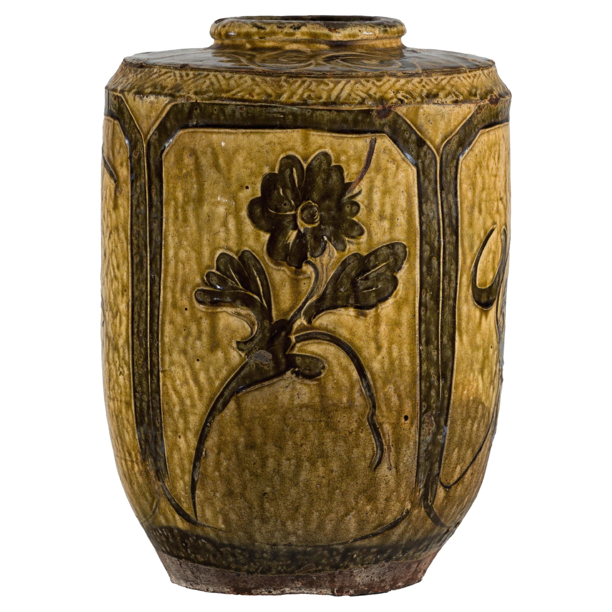 Vintage Mustard Brown Glazed Ceramic Vase with Incised Floral and Bird Motifs