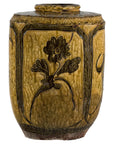 Vintage Mustard Brown Glazed Ceramic Vase with Incised Floral and Bird Motifs
