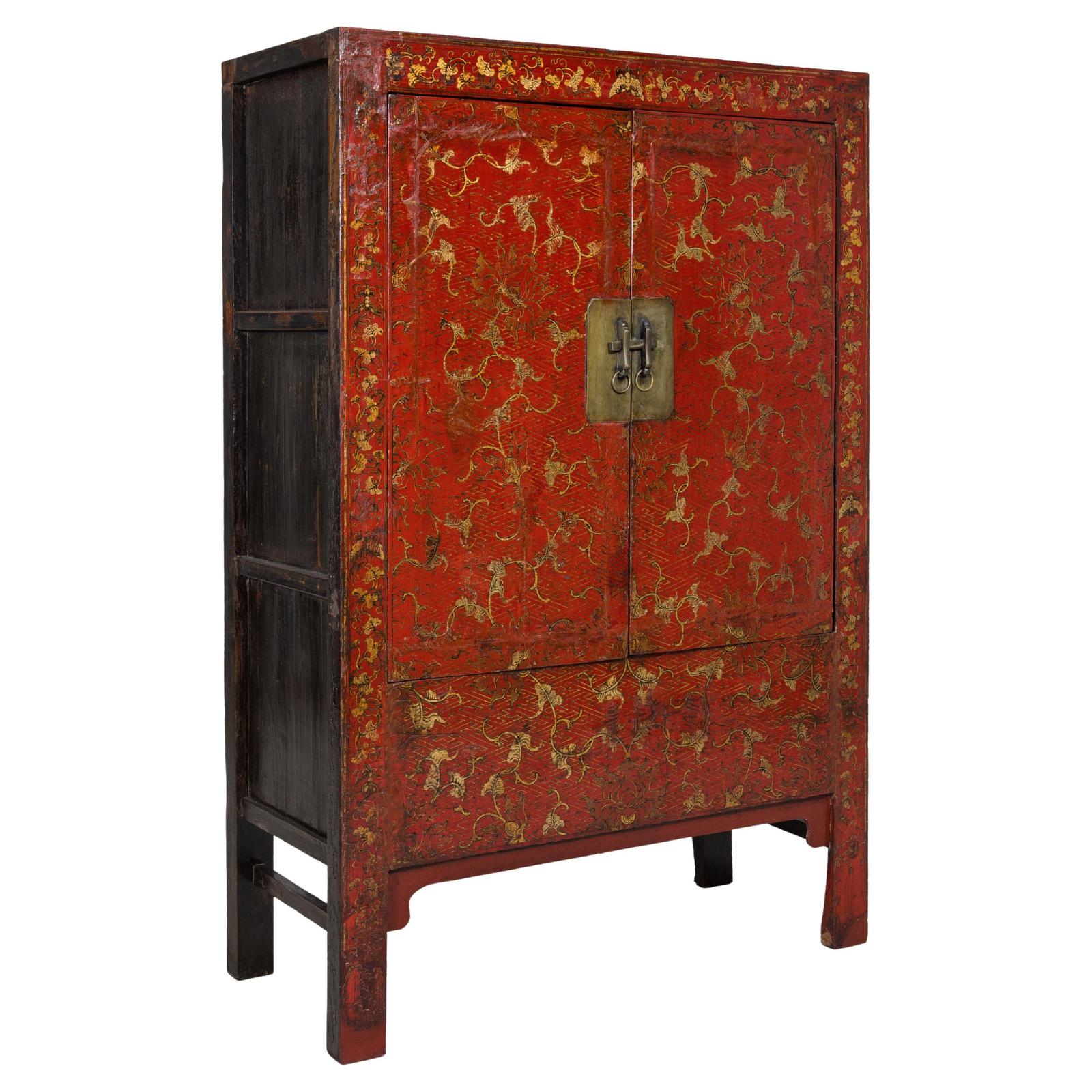 Antique Qing Dynasty Red Lacquer Cabinet with Gilt Decoration, 19th Century