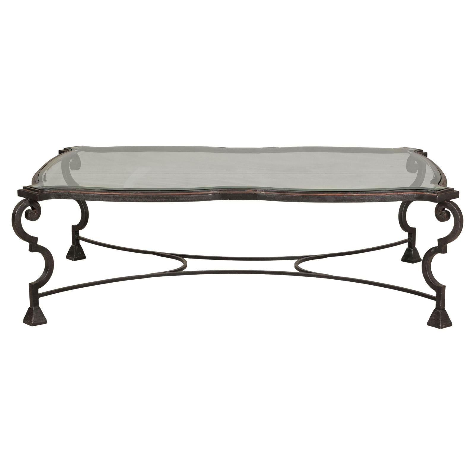 Midcentury Wrought Iron Coffee Table with Beveled Glass Top, 1940s-1960s