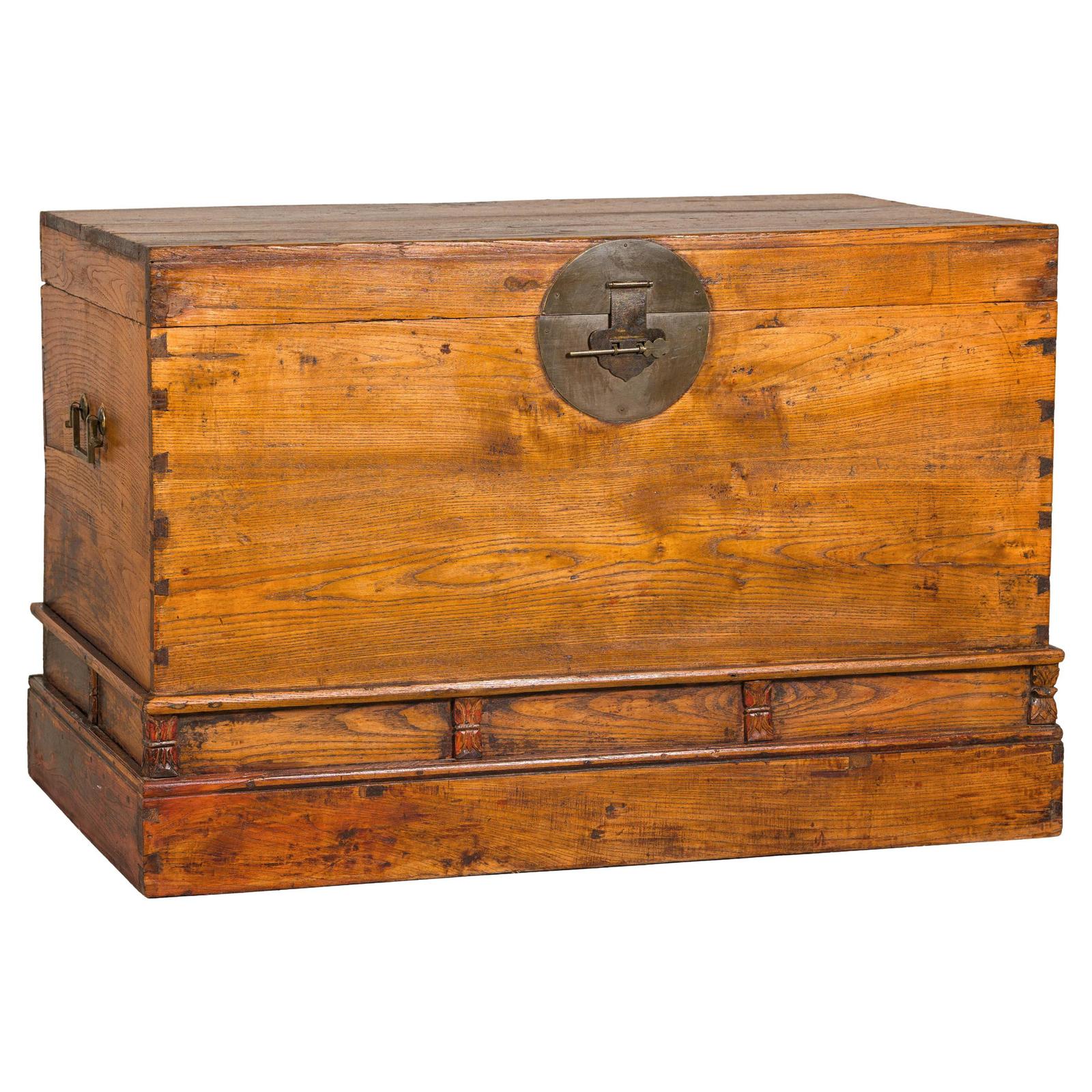 Large Late Qing Dynasty Elm Blanket Chest with Brass Hardware and Warm Patina