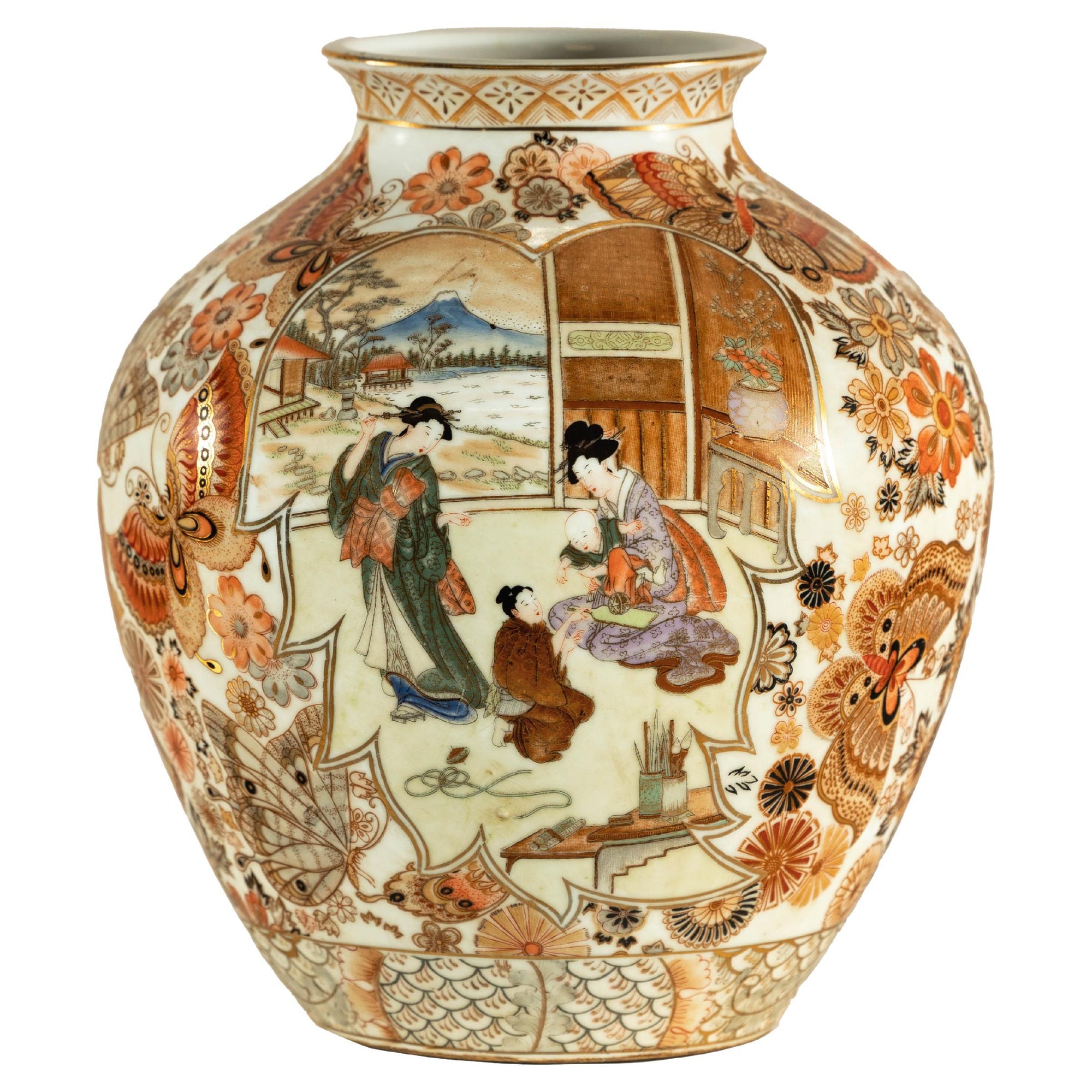Early 20th-Century Kutani-Style Porcelain Vase with Scenic and Floral Designs