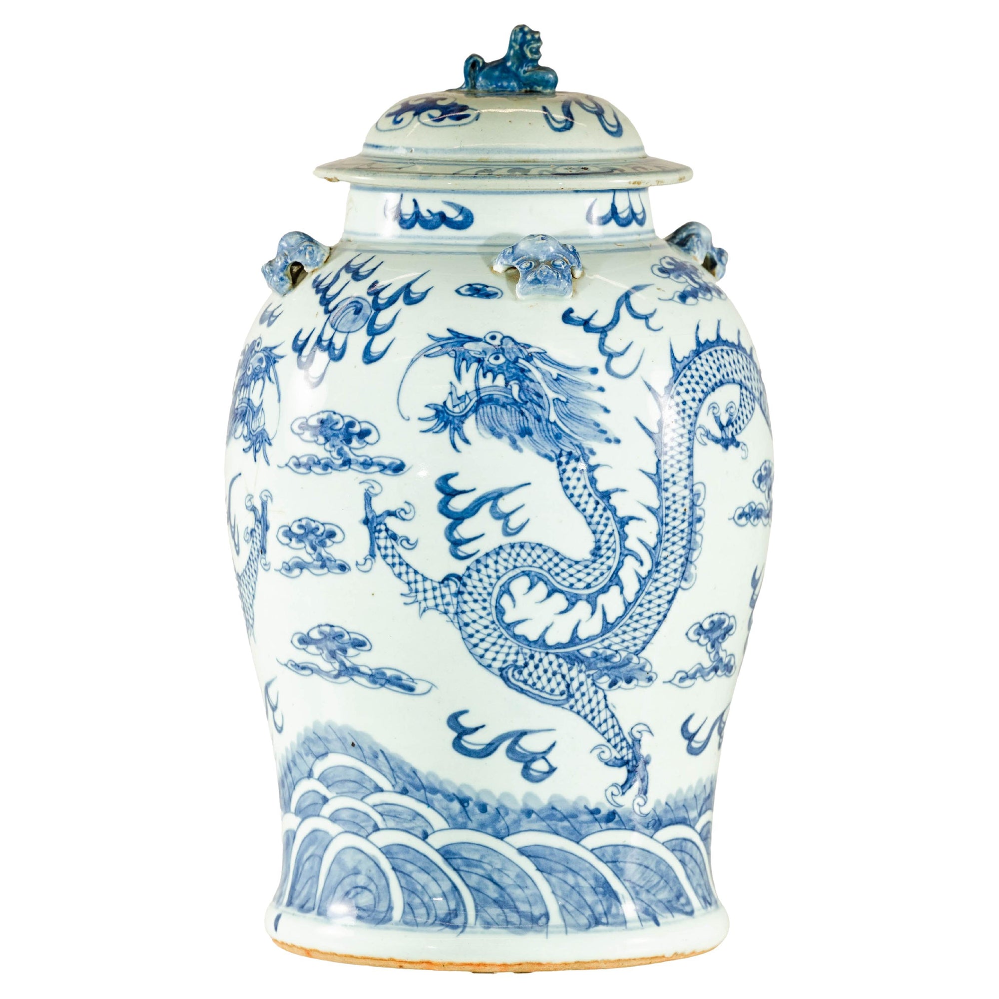 Qing Dynasty Blue and White Porcelain Dragon Jar with Lid and Foo Dog Finial