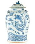 Qing Dynasty Blue and White Porcelain Dragon Jar with Lid and Foo Dog Finial