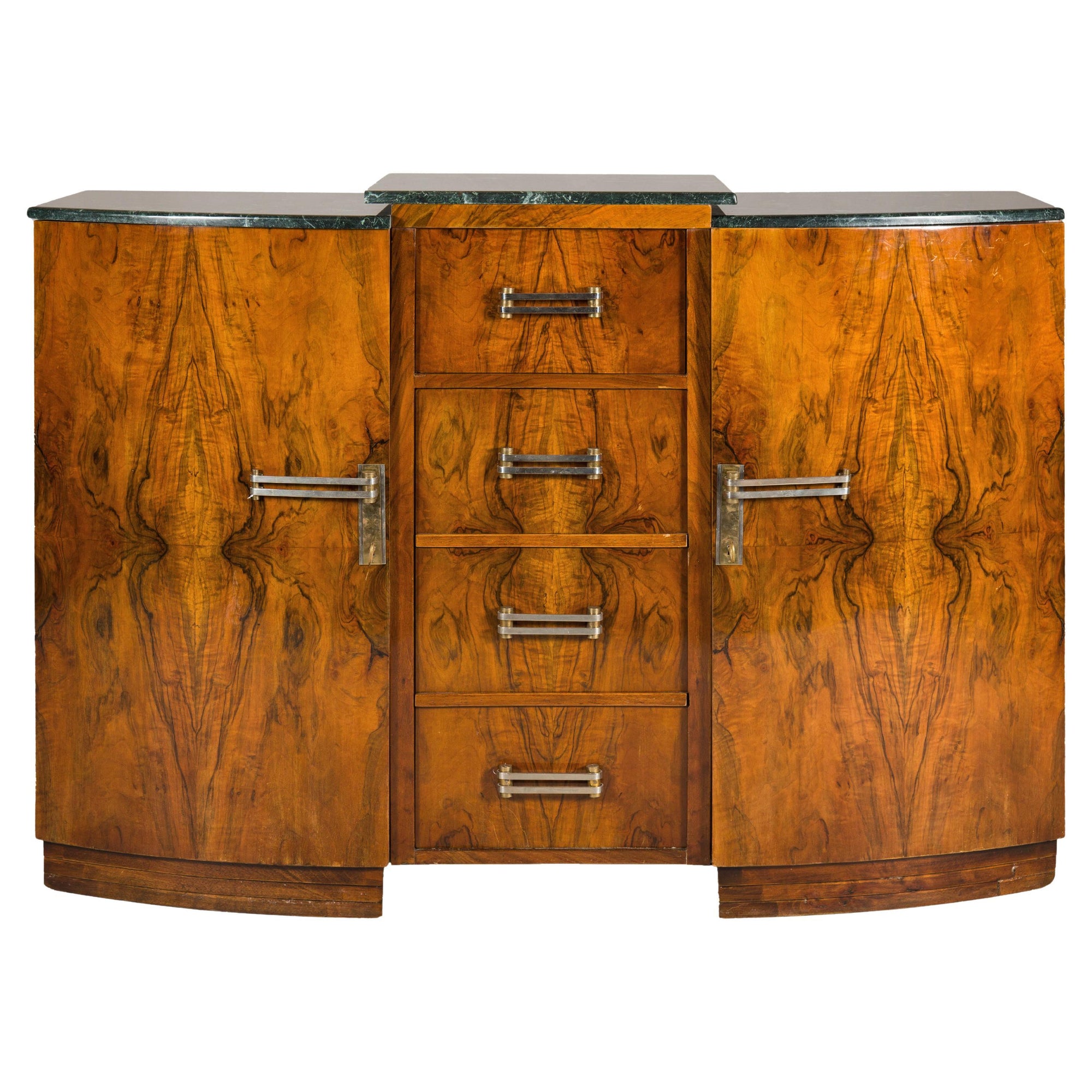 Art Deco Burl Walnut Buffet with Green Marble Top and Shelved Interior