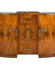 Art Deco Burl Walnut Buffet with Green Marble Top and Shelved Interior