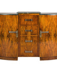 Art Deco Burl Walnut Buffet with Green Marble Top and Shelved Interior